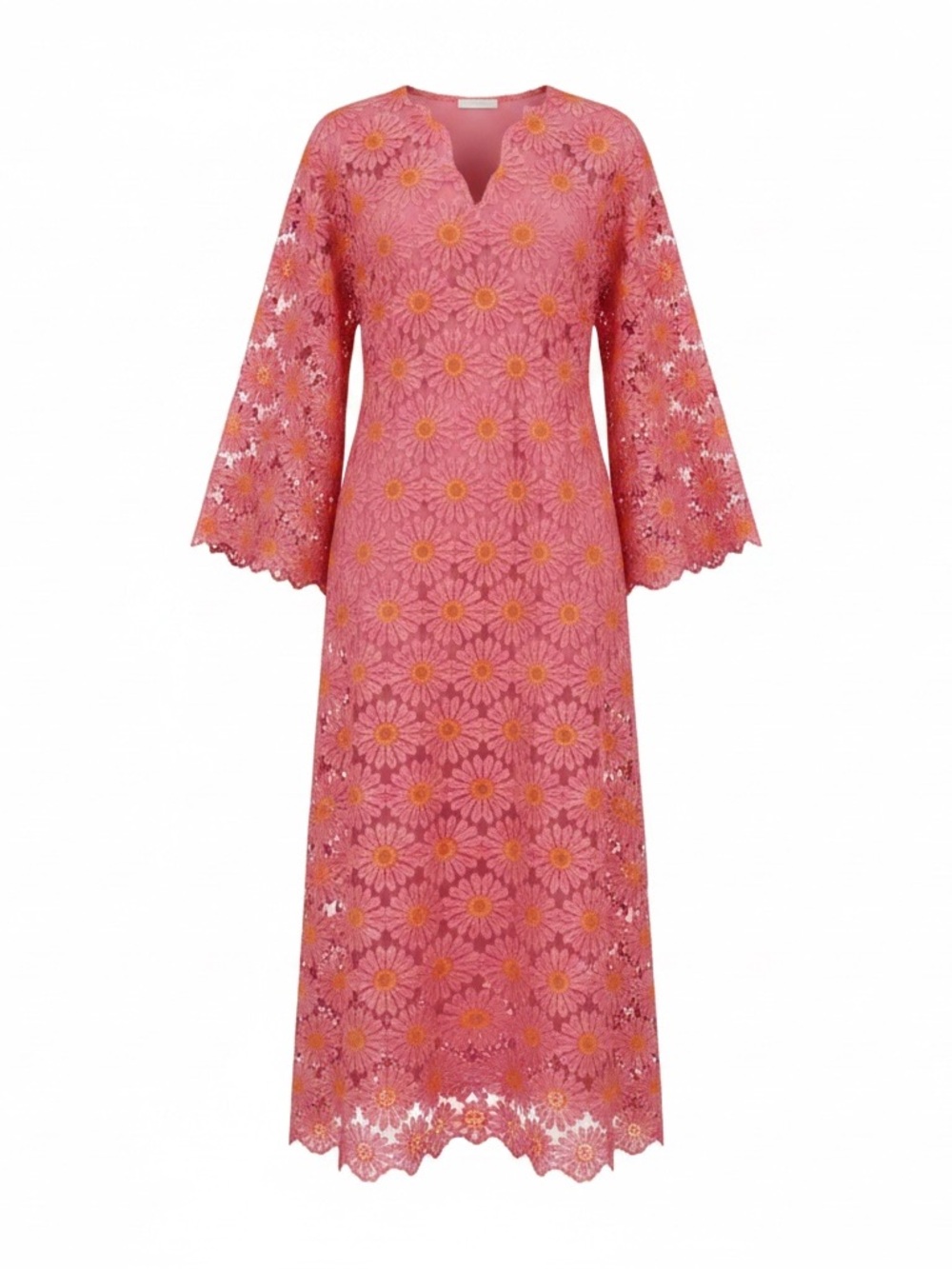 Pink Floral Lace Maxi Dress with Bell Sleeves